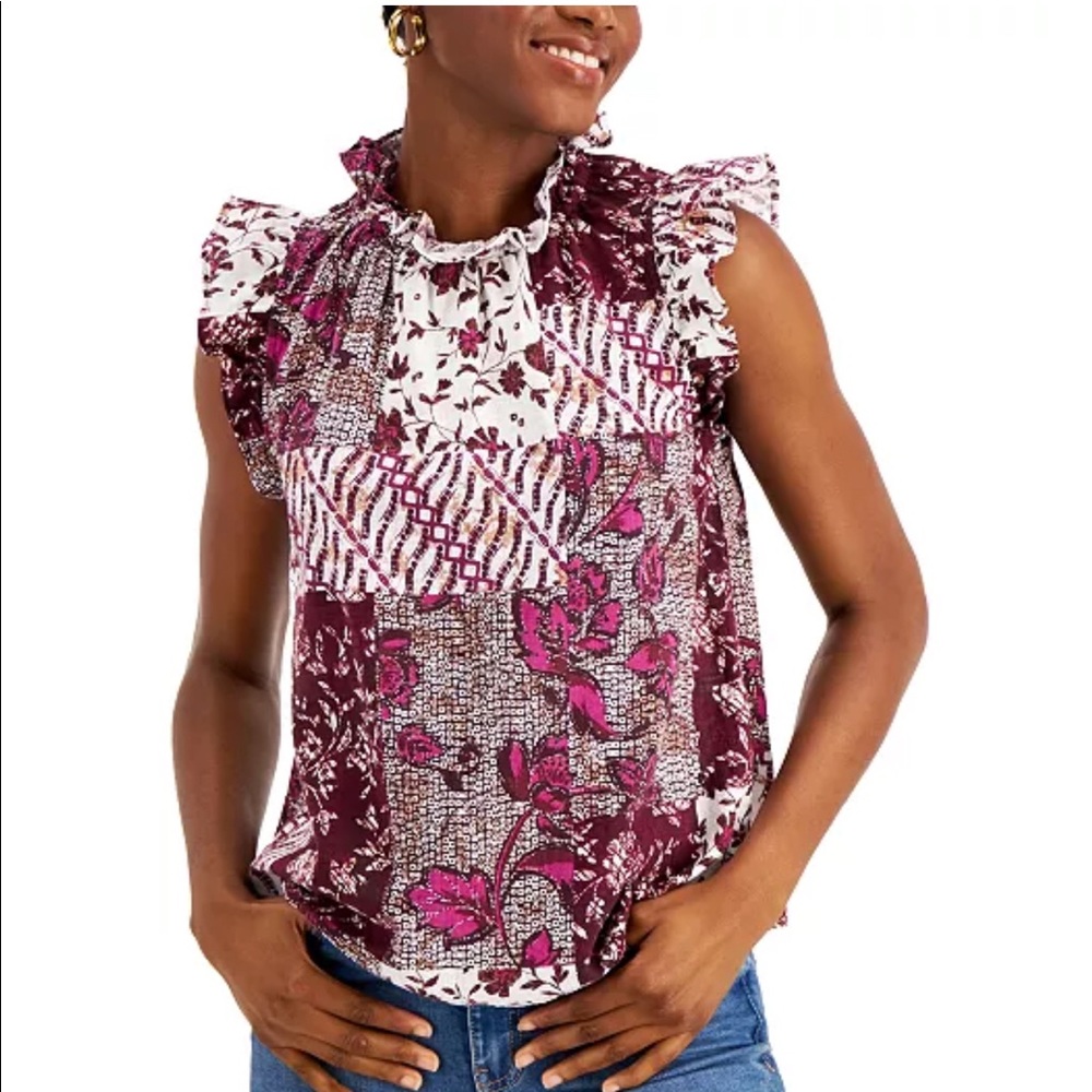 INC International Concepts Cotton Printed Ruffled Top New with Tag size XXL.
